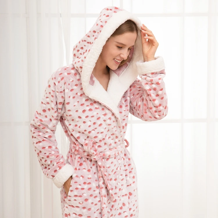 

Manufacture Wholesale Custom Bathrobe Long Sleeve Flannel Fleece Pajamas Casual Sherpa Hooded Bathrobes For Women