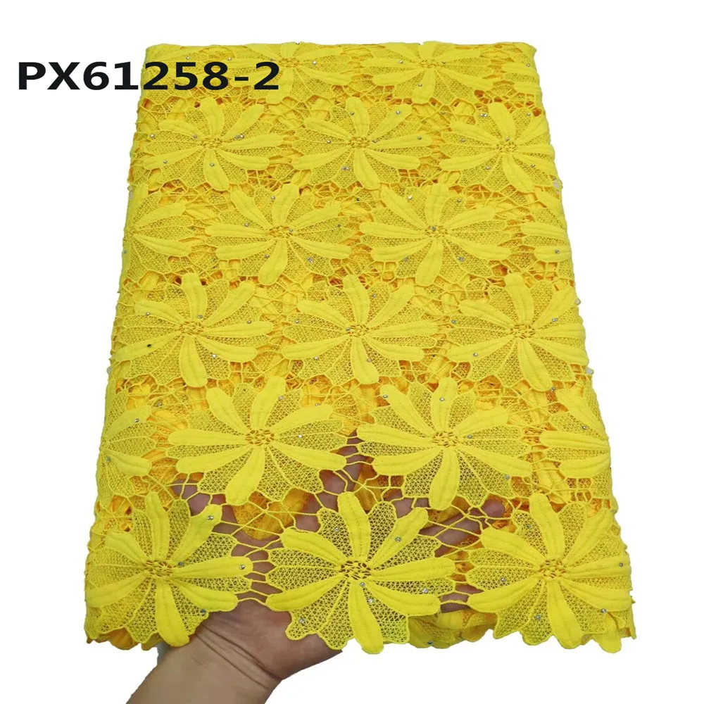 

PX61258-2 yellow new style guipure lace fabric with rhinestones embroidery for ladies dress