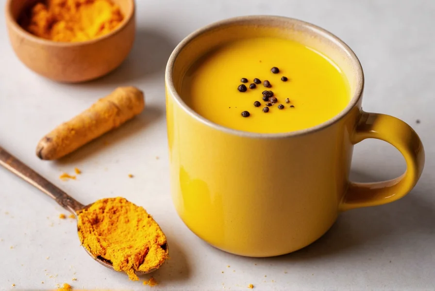 Golden milk turmeric drink in a ceramic mug with fresh turmeric root and black pepper
