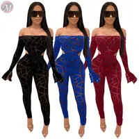

9120326 best seller off the shoulder mesh check flare sleeve bodysuit club sexy Pant Clothes womens summer 2 piece set