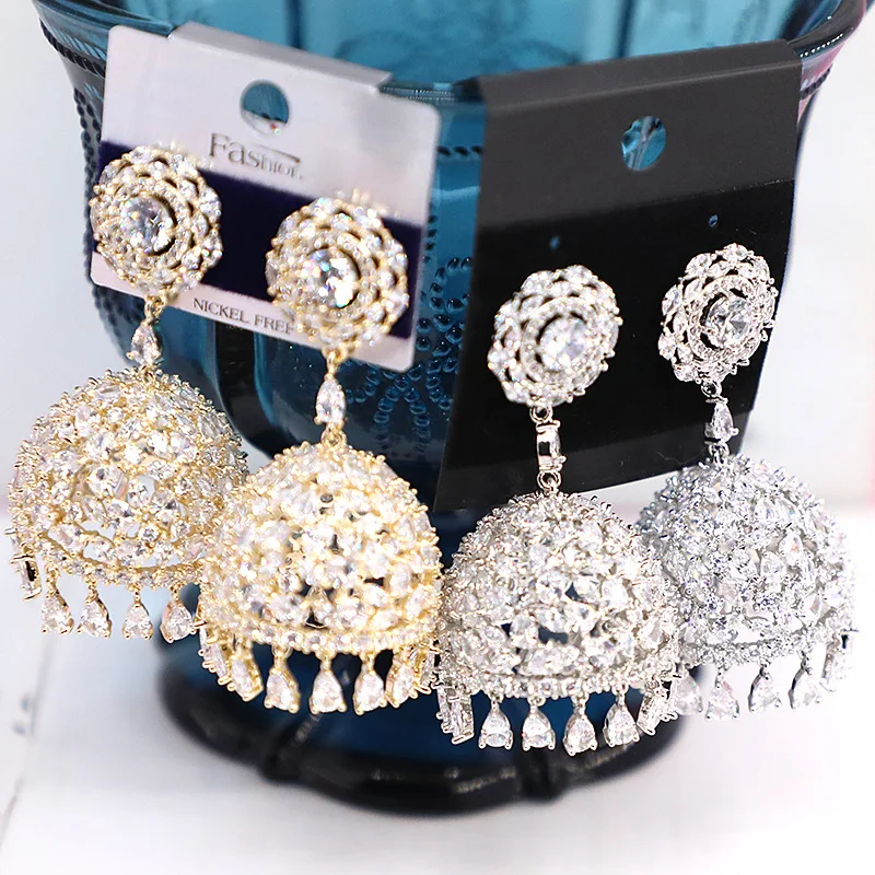 

FREE SHIPPING Indian jewelry wedding luxury chandelier earrings 2021 CZ Dangling Gold Jhumka Earrings