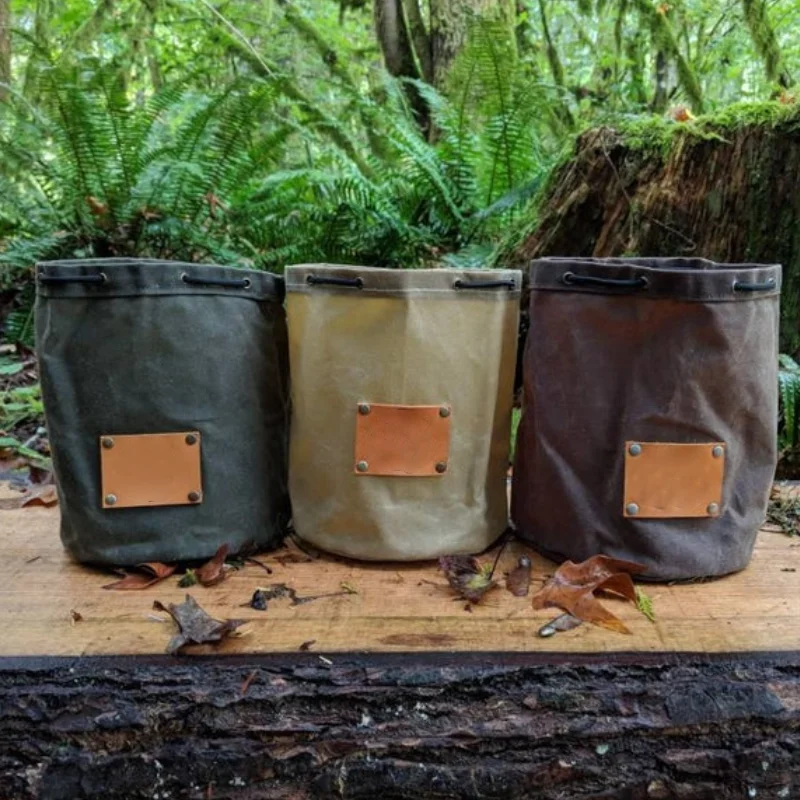 

Sturdy Waxed Canvas Round Bottomed Bushcraft Cooker Pot Bag Camping Bushcraft Tools Bags, Green/dark green/tan