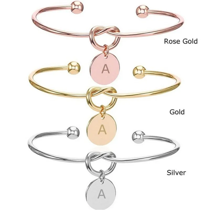 

Customized Rose Gold A-Z 26 Round Initial Letter Bangle Bracelet Twist Open Cuff Knot Bangle with Letter for Bridesmaid Gifts, Picture shows