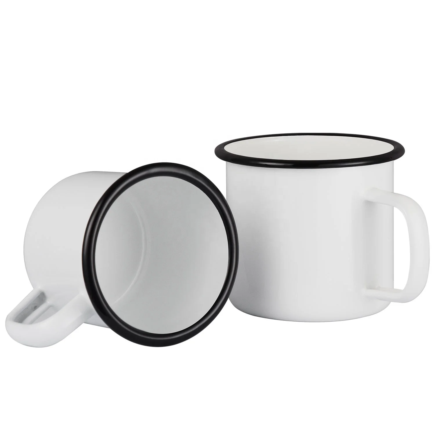 

KLP RTS cheap camping 12oz 16oz White black border blank sublimation steel enamel mug, Customized colors acceptable