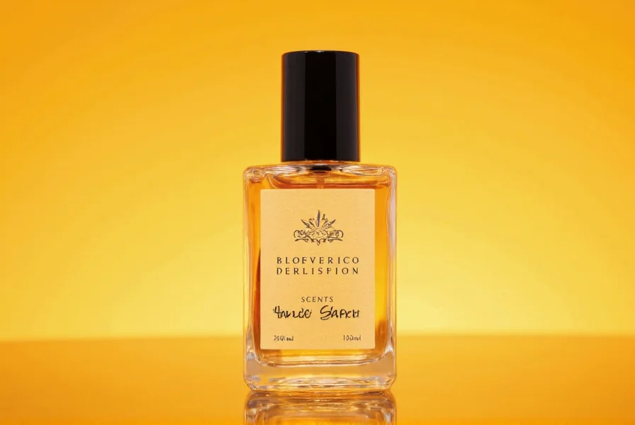 Perfume bottle with amber liquid against saffron threads for amber saffron perfume guide