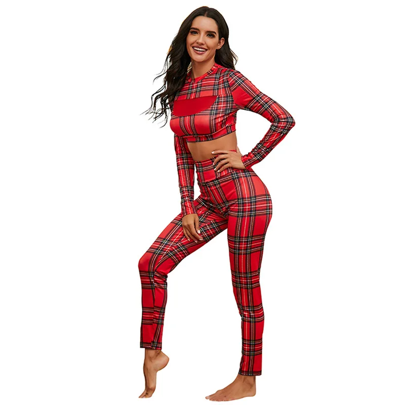 

Christmas check print yoga pants sports suit for girl