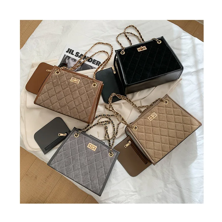 

Women Handbag with Small Coin Portable Lock Shoulder Bolsa Luxury Chains Velvet Crossbody Purse Big Capacity Lattice Casual Tote