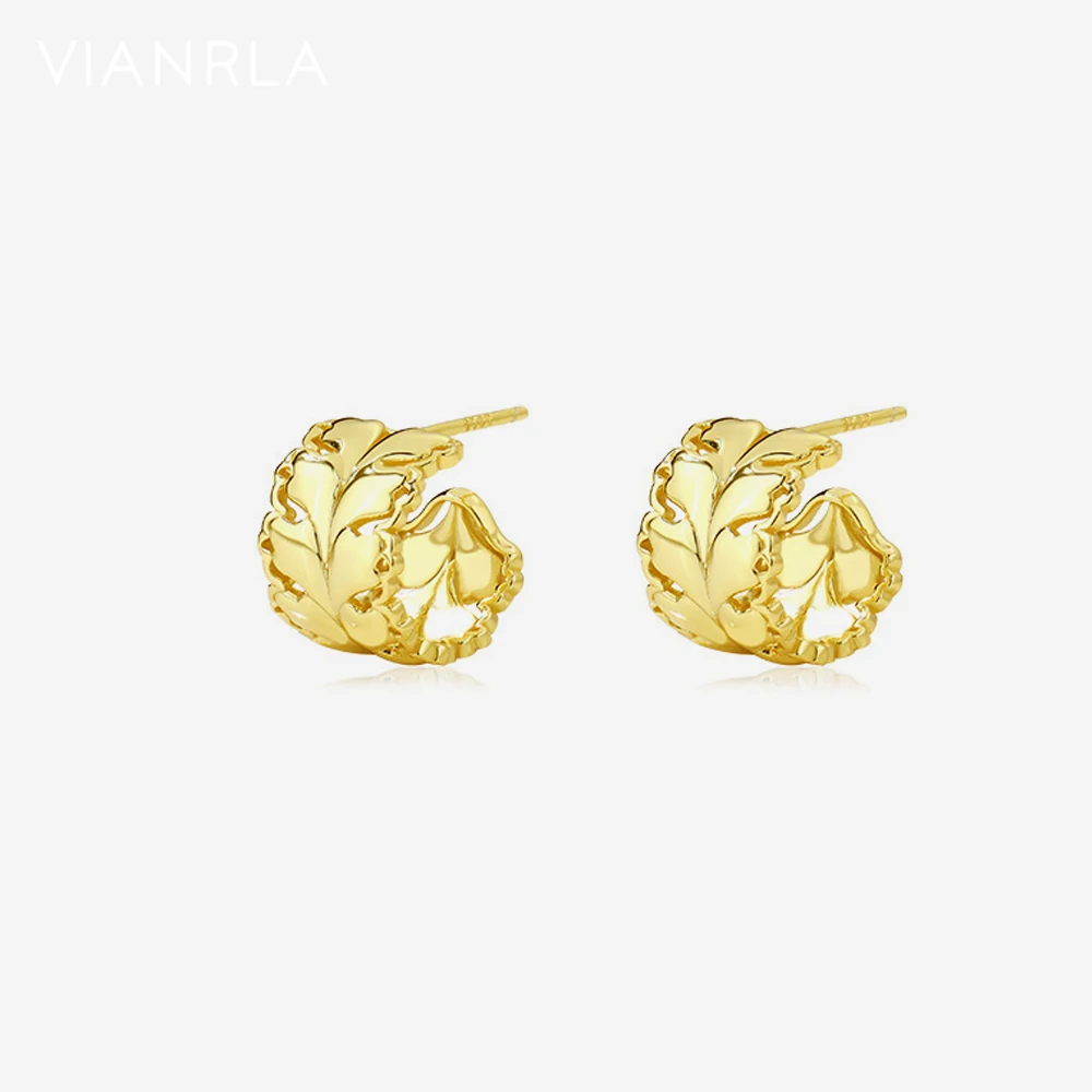 

VIANRLA 925 Sterling Silver Leaf Shaped Stud Earrings Elegant Forest Style C Shape 18k Gold Plated Women Jewelry Drop Shipping