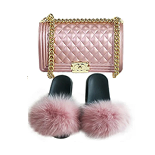 

2021 hot sell fur slides handbag sets colourful rainbow jelly bags for women, 40 colors