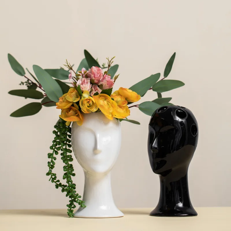 

European-Style Ceramic Vase Brains Wide Open Plant Pot Flower Arrangement Art Home Living Room Office Desk Decoration, White, black
