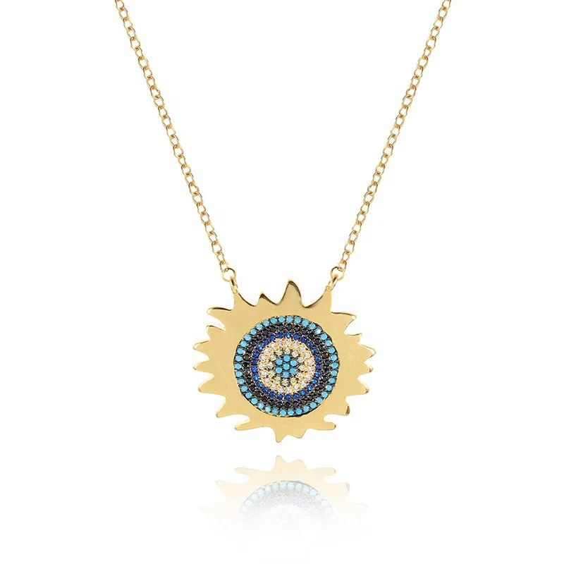 

Gold Glittering Eye Evil Sun Drusy Necklace Statement Jewelry Multicolor Zirconia Paved Chain Necklace Pendants For Women, Picture