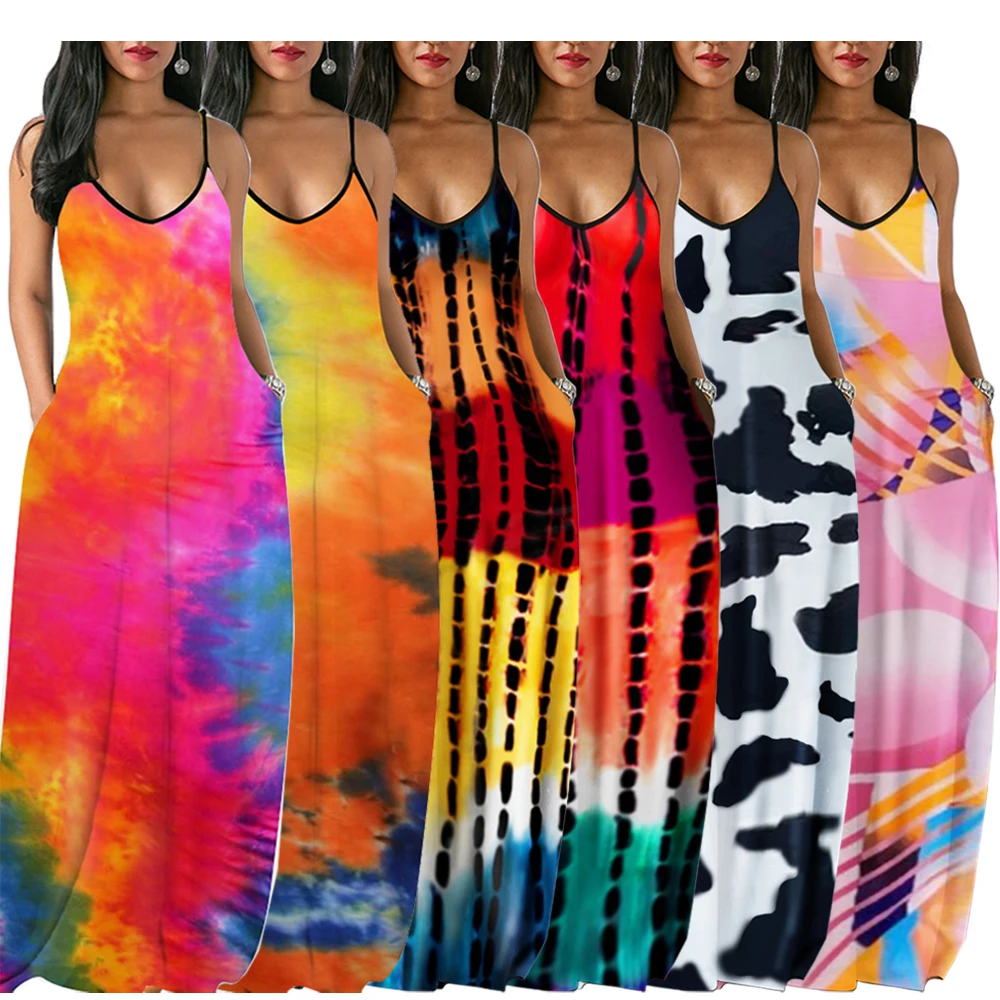

Women's Summer Casual Floral Printed Bohemian Spaghetti Strap Floral Long Maxi Dress with Pockets, Customized color