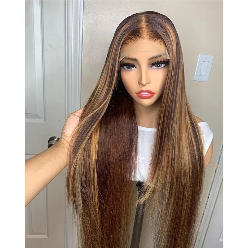 

Honey Blonde Brown Highlight Colour Bleach Knots Cuticle Aligned Human Hair Lace Front Wigs