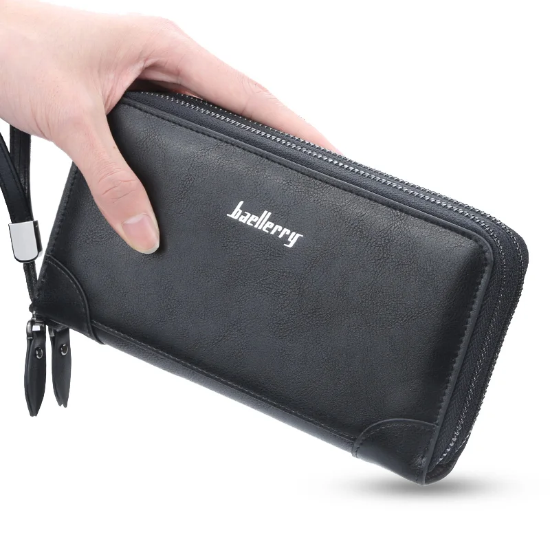 

2019 Baellerry New Wholesale Double Zipper PU Leather Long Wallet Men Mobile Phone Wallet Clutch With Hand Strap, Black,brown,dark brown