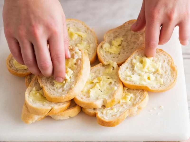 Hands spreading garlic butter mixture on sliced baguette