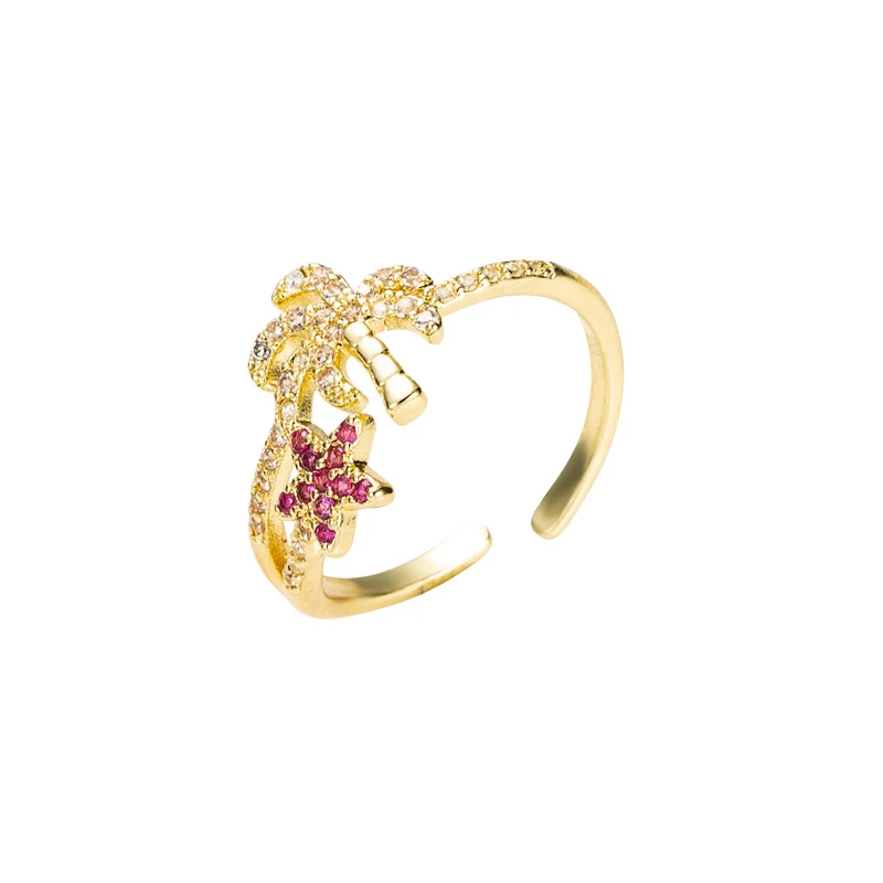 

18K Gold Plated Zircon Jewelry Coco Tree Shaped Open Starfish Finger Ring For Girls, Picture