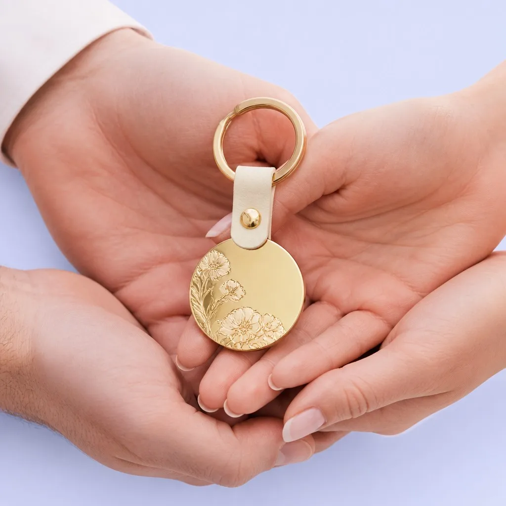 Two hands holding a wedding keychain