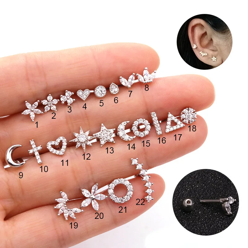 wholesale 22 Style cubic zirconia stud earrings for womens Stainless steel mini gold plating heart flowers earrings