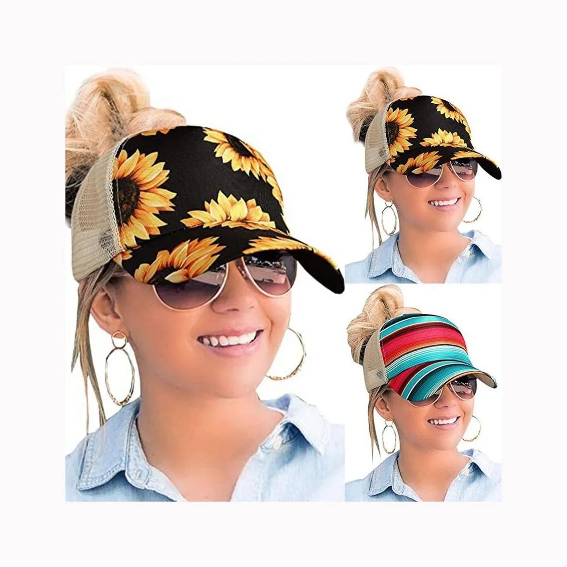 

Q1542 Printed Plaid Trucker Mesh Pony Caps Cheeth Cactus Sunflower Baseball Hats High Messy Buns Ponytail Caps