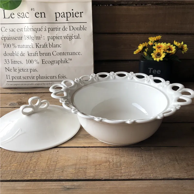 
wholesale high quality round white ceramic embossed soup tureen 