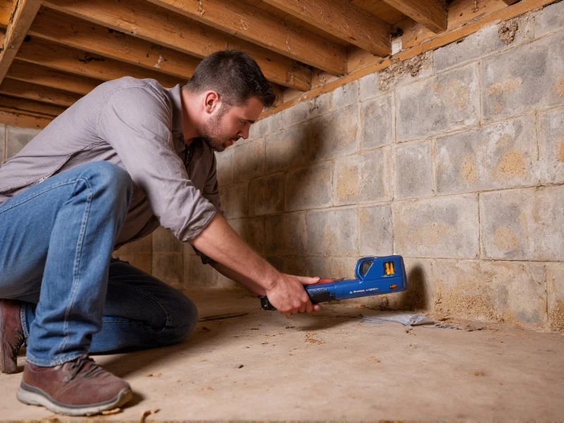 Professional inspecting termite damage with moisture meter in crawl space