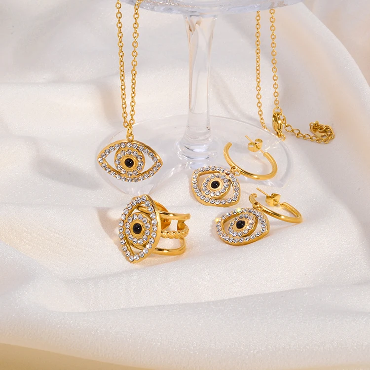 

K165 Wholesale Bracelets Cubic Zirconia 18K Gold Plated Earring Stainless Steel Devil Eye Pendant Necklace Women Jewelry Sets