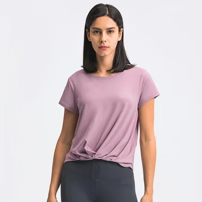 

New fashion all-match front hem pleated sports T shirt loose fitness beauty body moisture absorption and sweat removal yoga wear, Picture shows