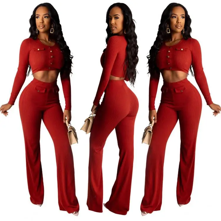 

Fashion New Solid Ribbed Skinny Top Wide Leg Women Clothing 2 Piece Sets Women Autumn Tracksuit Pants/skirts, Picture color