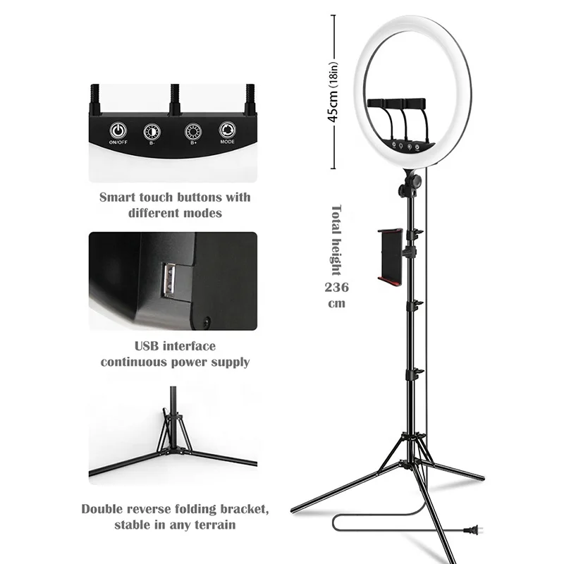 

18 Inch circle Lamp CW WW Photo Light with Tripod Stand remote control Selfie video led Ring Light