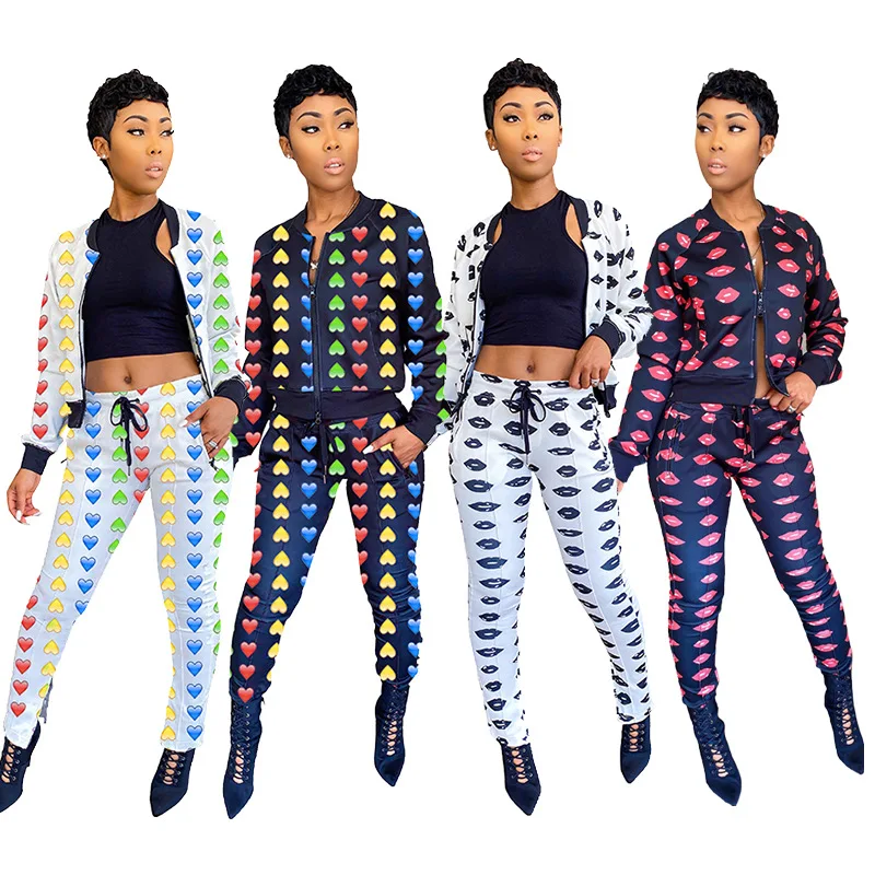 

European and American casual printed lips love two-piece suit women, Customized color