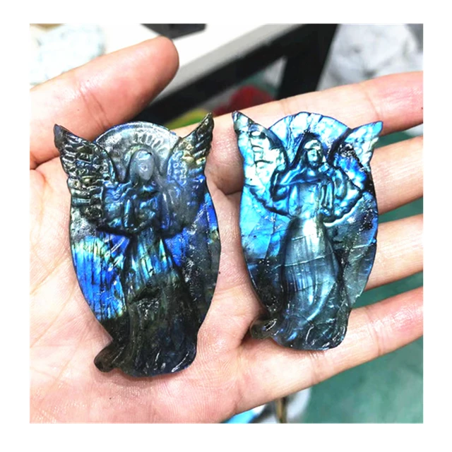 

New arrivals 2 inch Semi-Precious Stone Crafts natural blue flash labradorite angel stone statue for gift