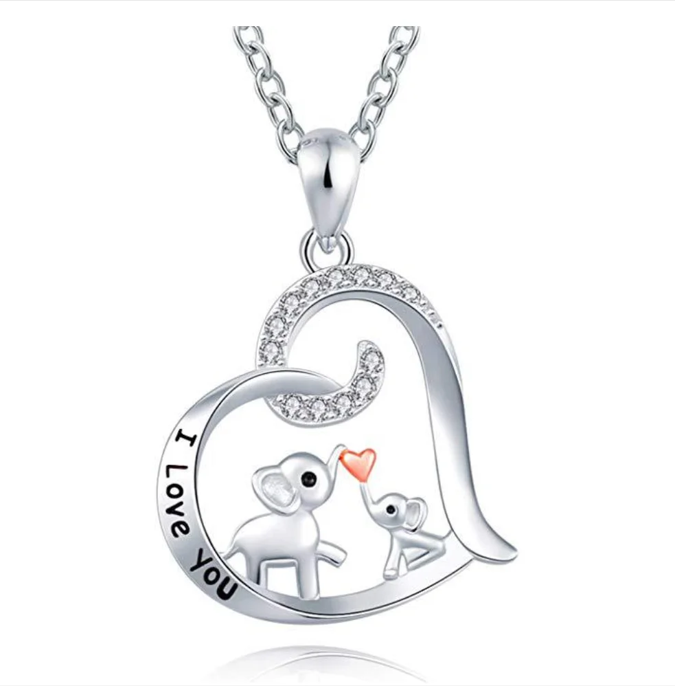 

I Love You Kiss Heart Love Elephant Necklace Jewelry, Silver