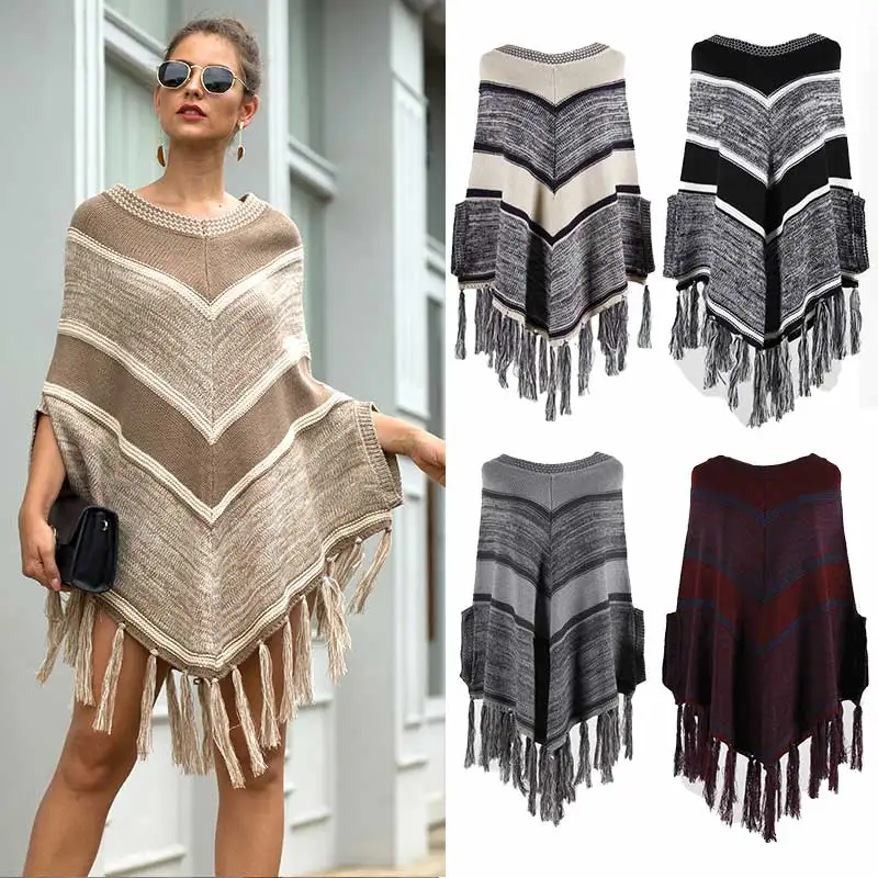 

New Autumn Tassel Fringe Cape Shawl Diagonal Geometric Color Block Long Sleeve Pullover Soft Knitted Women's Cloak Sweater, Customized color