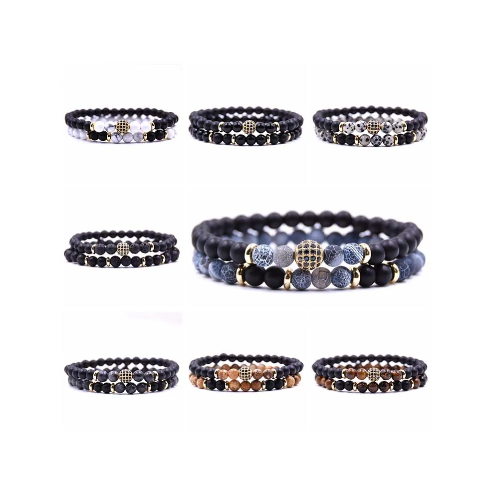 

2pcs set Men 8mm Micro Pave CZ Ball Charms Beaded Stretch Bracelet 6mm Black Frosted Agate Weathered Natural Stone Bracelet, As picture