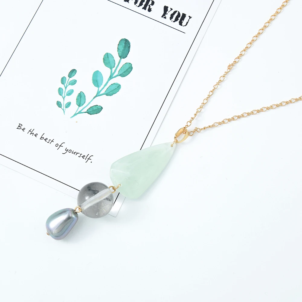 

Veijer Wholesale Gold Plated Green Stone Dangle Resin Pearl Long Pendant Natural Stone Necklace For Women