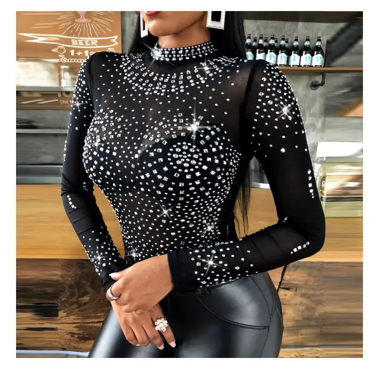 

Fashion Sexy Back Beaded Sequins Midi Neck Black Bodysuit Women Long Sleeve Sexy Bodysuits, As pictures