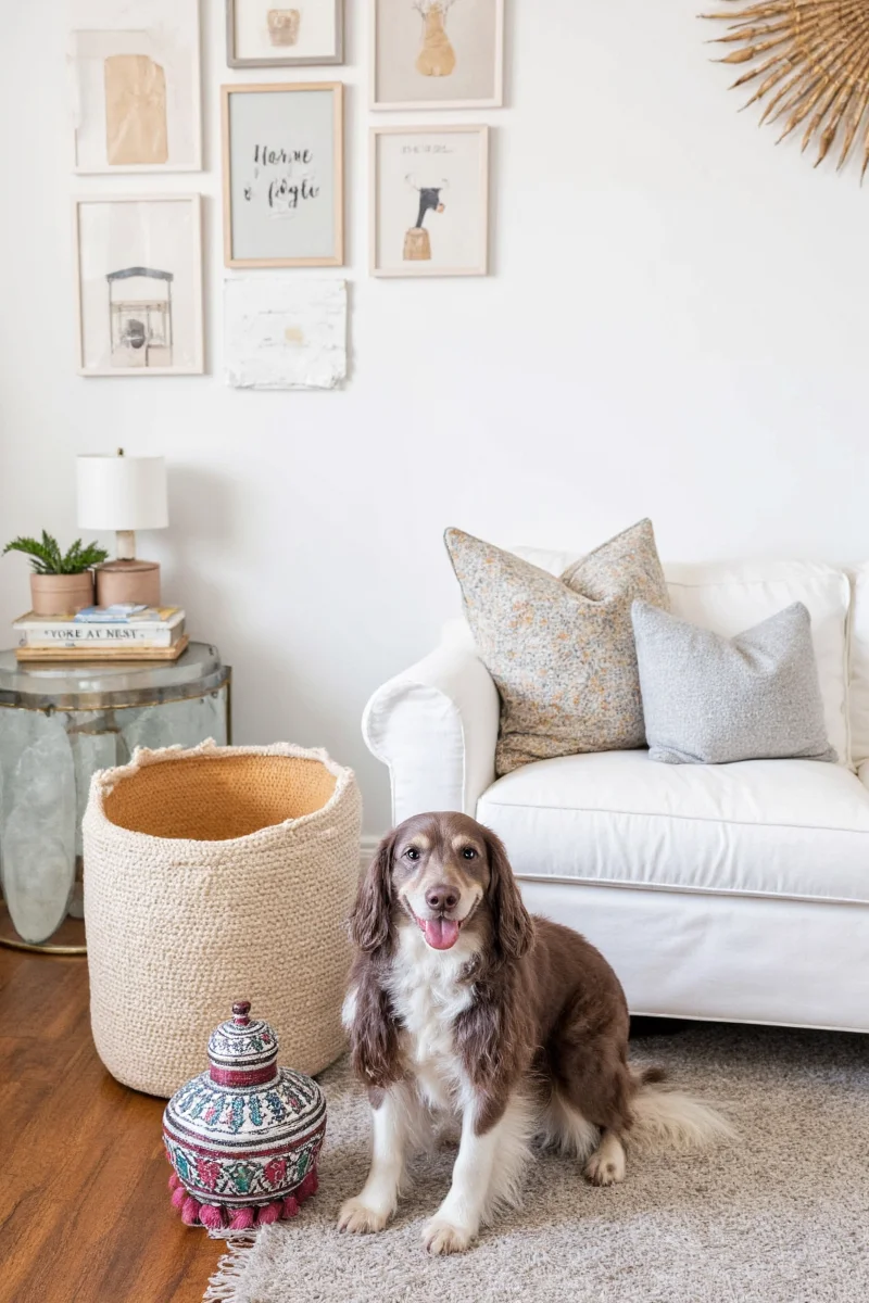 Cozy home office with dog bed under desk and books arranged neatly