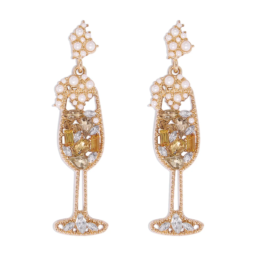 

SC New Charming Imitation Diamond Pearl Drop Earrings Fashion Cocktail Cup Champagne Glass Drop Stud Earrings for Women Girls, Gold