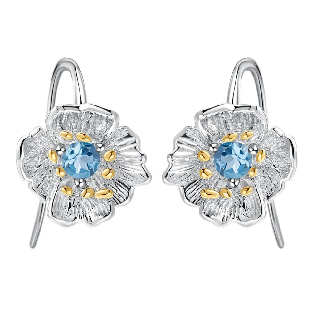

Abiding natural blue topaz poppies flower hooks handmade 925 sterling silver earring jewelry for women