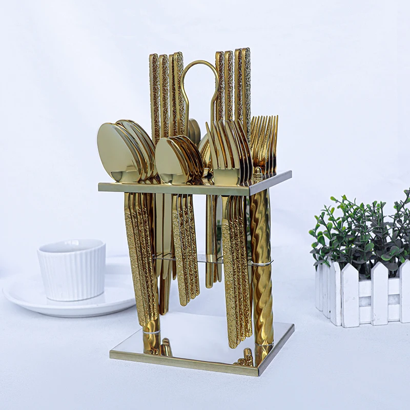 

wholesale SS 201 24pcs/36pcs gold plated knife spoon fork 18/10 middle east gold flatware set with stand in color box