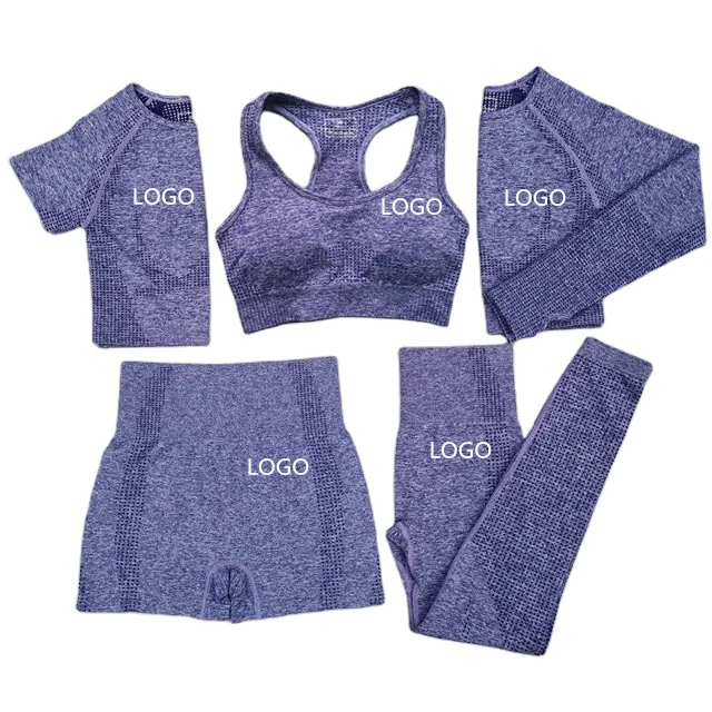 

5pcs seamless yoga set nylon workout long sleeve/short crop top sports bra high waist yoga short gym leggings suits, Printed