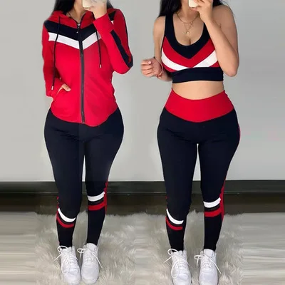 

2021 Hot Fall Clothing For Women New Women's Hot Style Hit Color Sports Set Three Piece Set Women Clothing, 5 colors