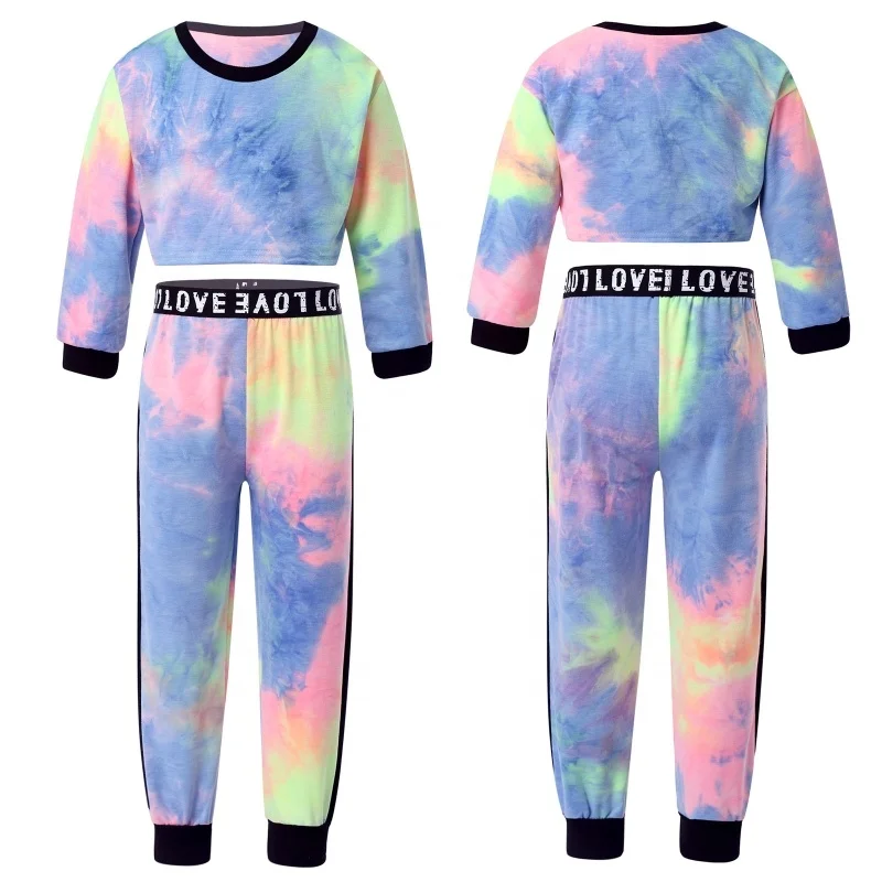 

Kids Tie Dye Print Round Neck Long Sleeve Print Waist Elastic Waistband Pant Set Colorful Sport Suit girls tracksuits