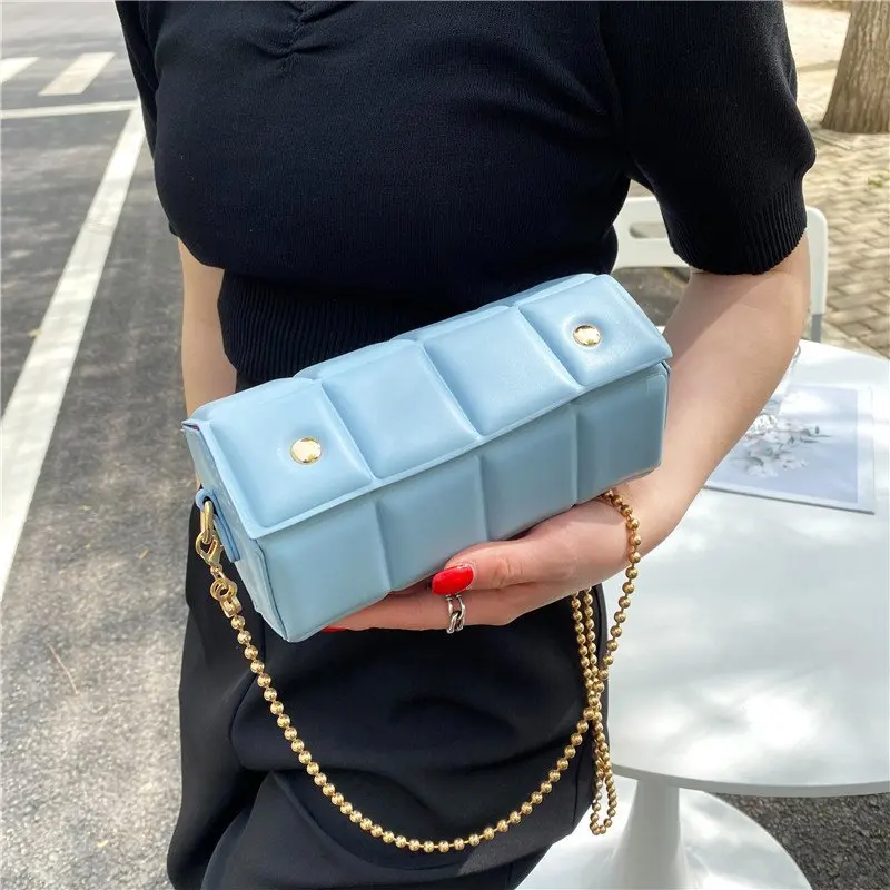 

Unique Shape Geometric Shoulder Bag Solid Color Checkered Women Bucket Bags Chain Crossbody Handbag Purses 2021