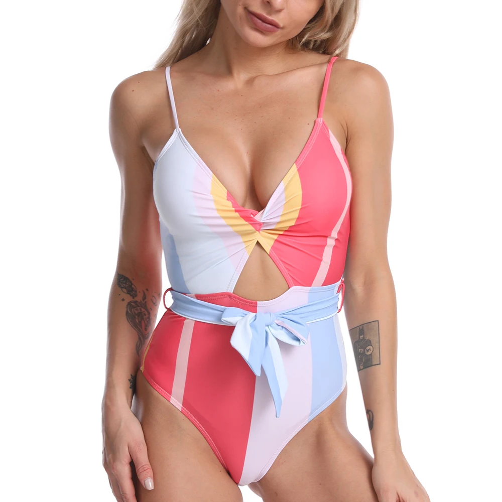 

One Piece Tie Front Patchwork Monokini Womens Swimwear 2021 Designers Bathing Suits Tummy Control One Piece Swimsuit