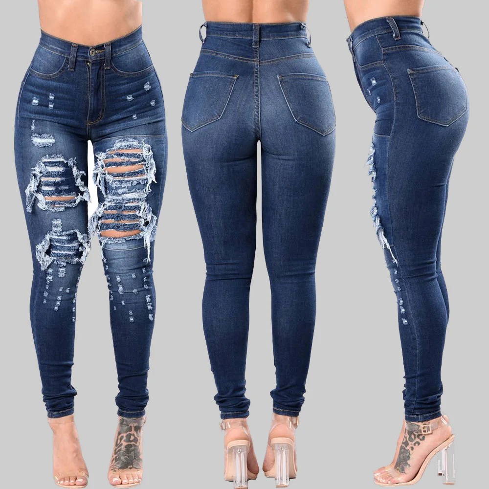 

Fashion Women Designer Blue Denim Ripped Jeans Pants Trousers 3XL Plus Size Hight Waist Distressed Pencil Jeans, Pictures showed
