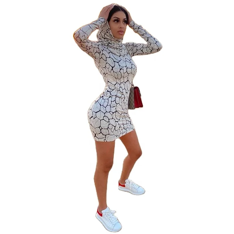 

winter hot sale women printed bodycon hoodie dress long sleeve dress woman casual dresses
