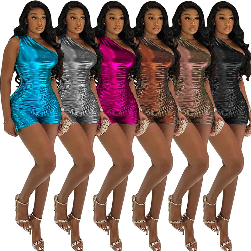 

women sleeveless shiny sparkle sexy bodycon pleated shorts romper bodysuit jumpsuit club wear for women sexy club outfits summer