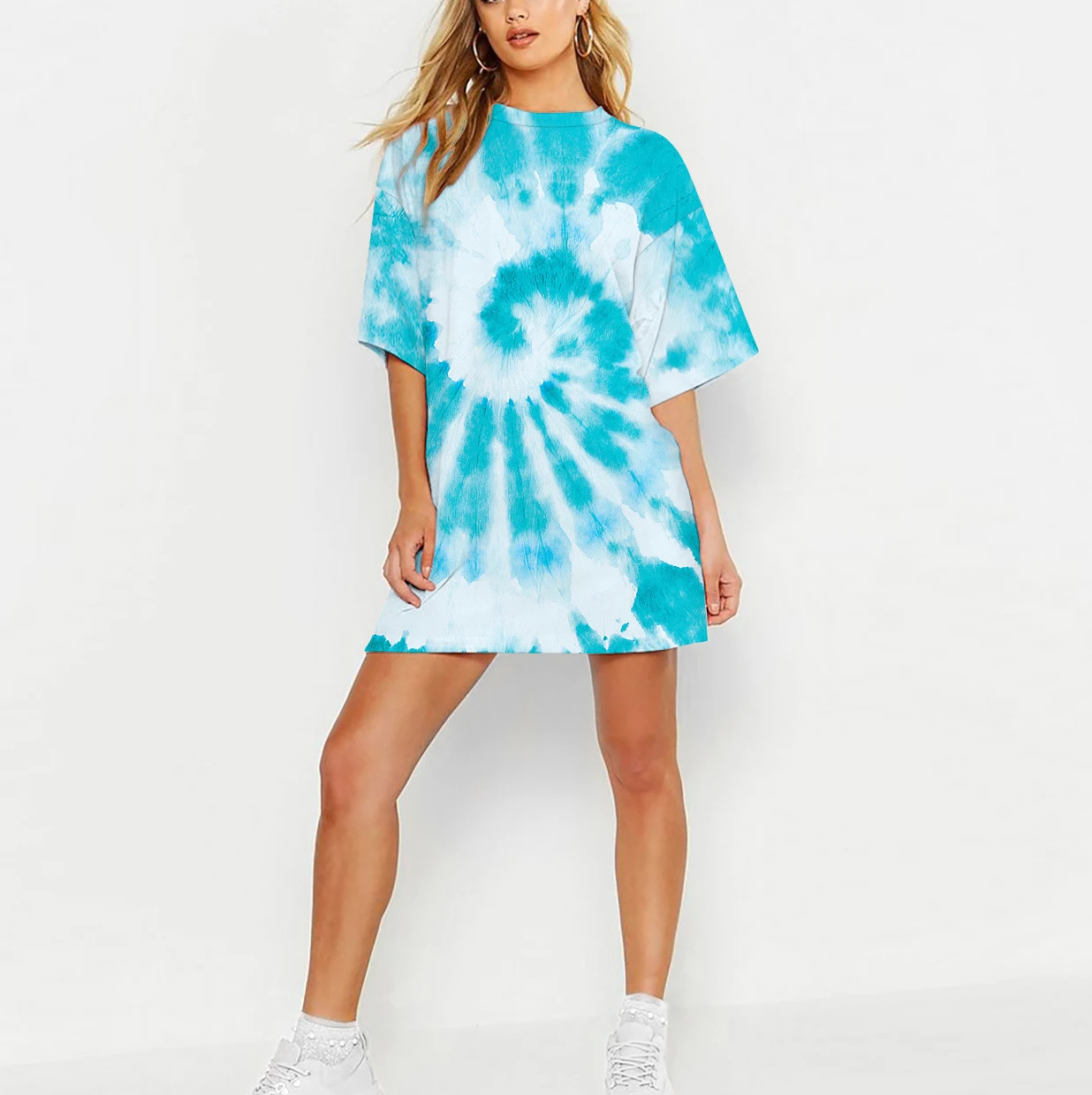 

Wholesale cheap summer girls short sleeve top style long oversized tie dye women t-shirt dress