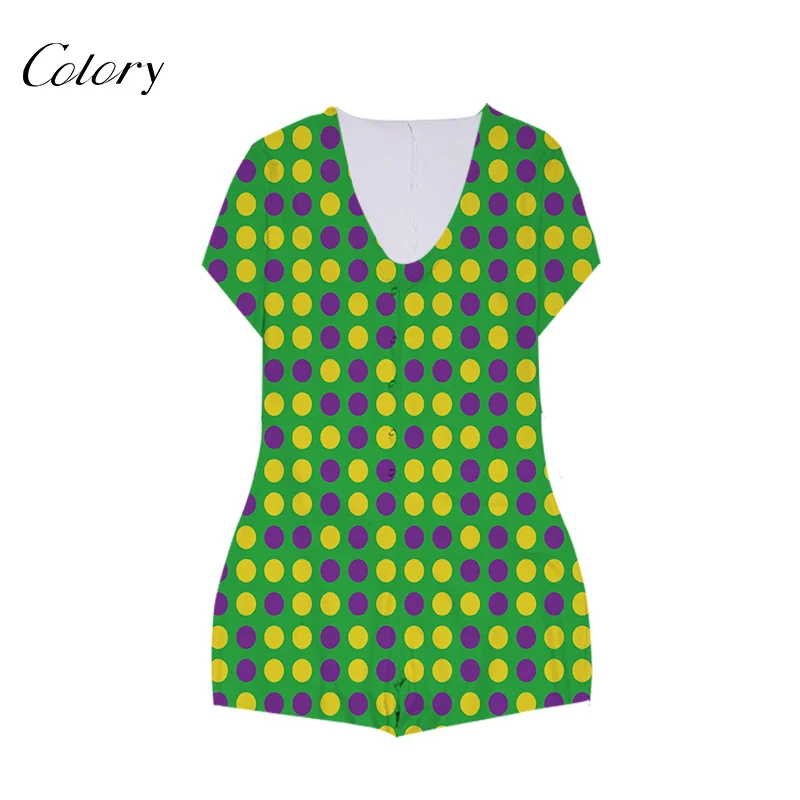 

Colory Neck Women Jumpsuit Long Sleeve Deep V Cartoon Romper, Picture shows